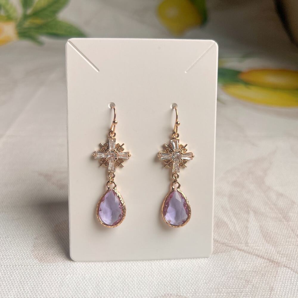 Lavender Amethyst Crystal Cross Shaped Boho Bohemian Elegant Casual Earrings